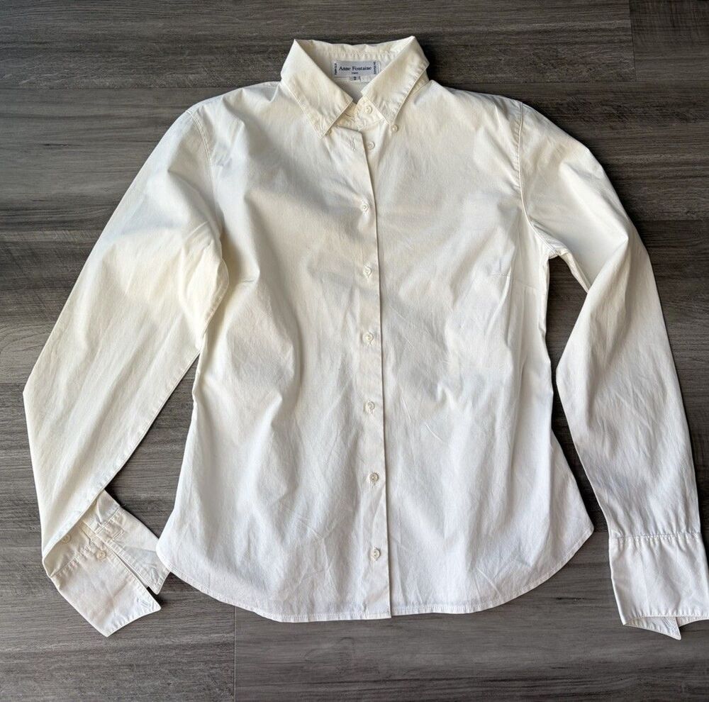 VTG Anne Fontaine Paris Ivory Cotton Button Up Shirt Blouse France Size 2